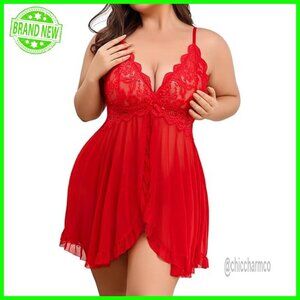 Plus Size Lace Babydoll Lingerie V-Neck Adjustable Straps Soft Polyester Spandex